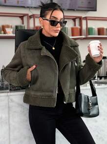 EURMUSE Motorcycle Jacket With Teddy Lining, Zipper, PU Leather - Black - View 1