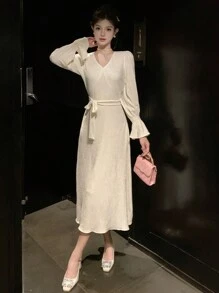 DAZY Abito elegante da donna a maniche a campana di colore unito, adatto per l'autunno e per occasioni come feste di compleanno e balli, con volant, vestito lungo a maniche lunghe per donne - Beige - Visualizzare 4
