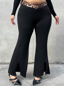 Flirla Damen große Größen Hose mit Leoparden-Muster Kontrast