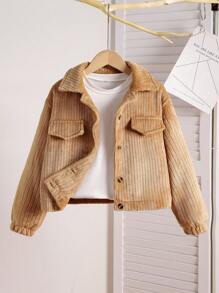 Girls' Thick Fleece Collar Warm Jacket With Faux Pockets And Snap Button Closure, Sibling Outfits Matching Style (2 Pieces Sold Separately) - Khaki - View 1