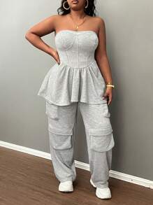 Slaydiva 多口袋大码女式长裤，厚羊毛面料，街头服饰，休闲运动，灰色，秋冬 - 灰色 - 查看 5