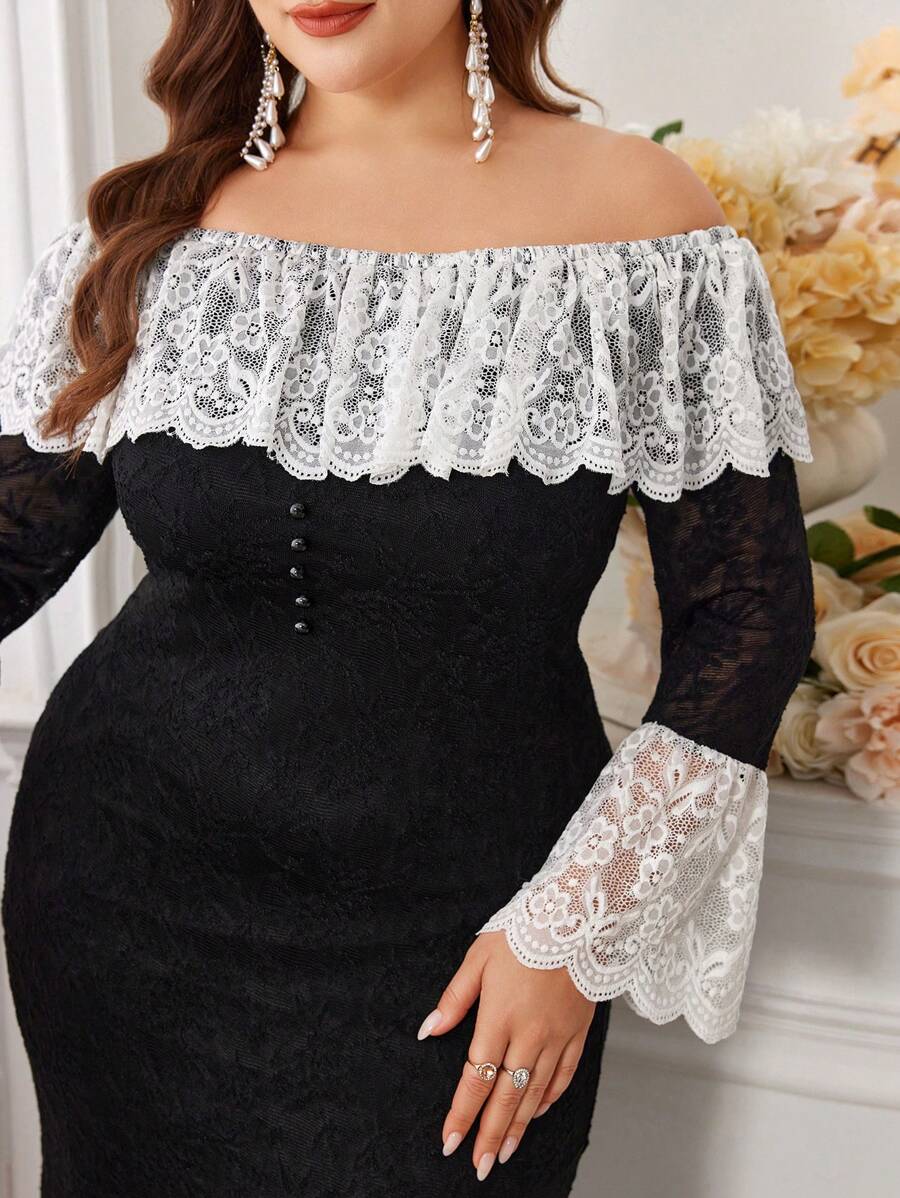 Modelyn Plus Size Women Ruffle Contrast Lace Fishtail Hem Sexy Dress Long Evening Dresses - Black - View 1