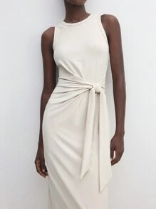 BizChic 女式白色无袖系带中长连衣裙，都市通勤商务休闲优雅正式派对礼服，适合万圣节、圣诞节、聚会 - 杏色 - 查看 3