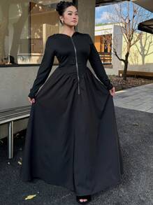 Flirla Plus Casual Style Long Sleeve Hooded Zipper Front Dress Maxi Women Outfit Fall Cloth For Women - Black - View 4