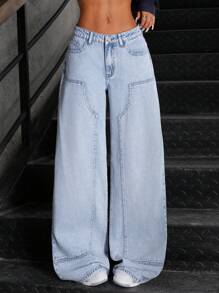 SHEIN ICON Quần Jeans Denim Ống Rộng Túi Rộng Thường Ngày Đa Năng Cho Nữ - Rửa nhẹ - Xem 5