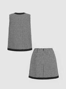 SHEIN MOD 黑白千鸟格复古套装老款上衣和裙子套装格子裙机场女士服装返校节 - 黑與白 - 查看 2