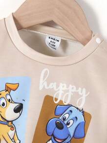 男婴小狗图案厚圆领连帽衫和裤子 2 件/套，休闲适合居家聚会和派对