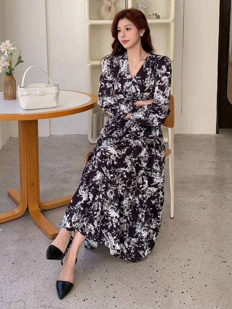 Women Ditsy Floral Long Sleeve Mid-Length Dress, Autumn/Winter,Fall Women Clothes Maxi Dress Boho
