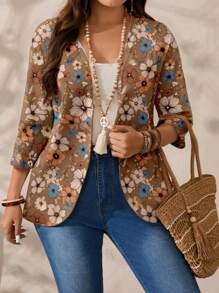 SHEIN LUNE Plus Size Women Casual Retro Floral Pattern Lightweight Jacket Fall Clothes Winter Clothes Autumn - Khaki - View 3
