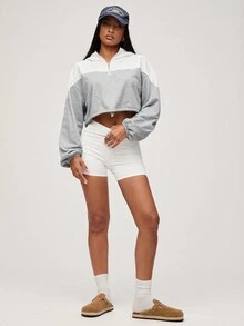 SHEIN BASICS 女式休闲运动拼色连帽长袖短款宽松运动衫 - 淺灰色 - 查看 4