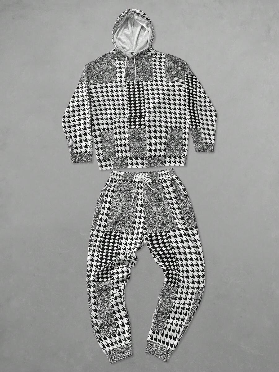 Manfinity Roghcode Manfinity LEGND 2pcs Men Plus Size Houndstooth Pattern Drawstring Hooded Sweatshirt And Pants Set, Casual For Outdoor Wear In Autumn,Men Tracksuit - Multicolor - View 1