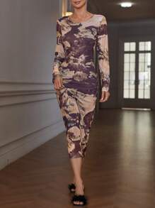 EMERY ROSE 女式扎染花卉印花腰部褶皱设计弹力网眼修身圆领长袖连衣裙 - 卡其色 - 查看 5
