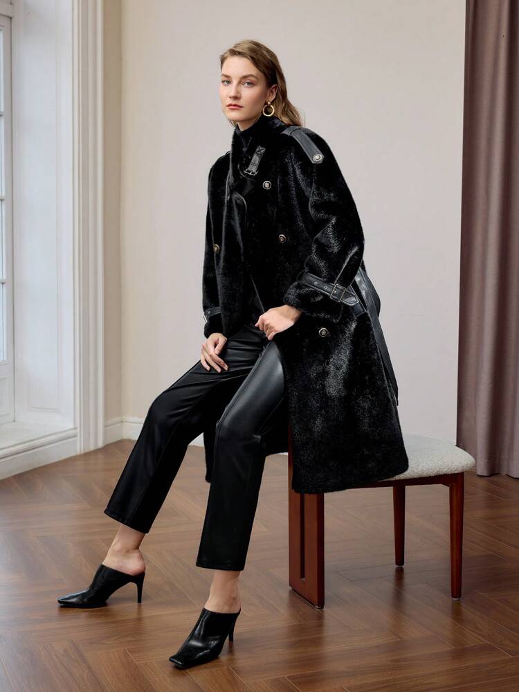 FLUFFY HIGH NECK BELTED DOUBLE BREASTED PLACKET LONG COAT