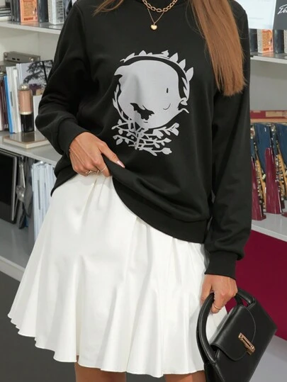 SHEIN Unity 2pcs Set: Casual Fashion Black Loose Screen-Print Crew Neck Sweatshirt & White High Waist A-Line Ruffle Mini Skirt With Asymmetrical Hem, For Women Fall Cloth For Women