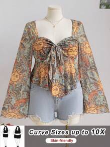 SHEIN CURVE+ Camisa informal con mangas acampanadas, cordones al frente y encaje, para tallas grandes, para vacaciones de primavera y otoño, graduación, boda y fiesta