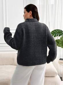 EURMUSE Plus Size Elegant Front Button Cardigans, Dropped Shoulders, Autumn, For Winter - Grey - View 2