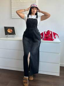 SHEIN Essnce 大码女式休闲牛仔连衣裙，配弹力吊带 - 黑色 - 查看 6