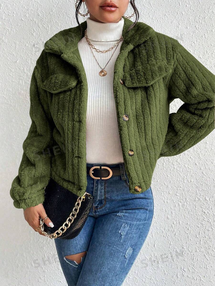 Elenzga Chaqueta casual de manga larga, de un solo botonadura, de color liso y esponjosa, para mujer, apta para otoño/invierno