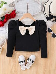 SHEIN 年轻女孩针织撞色镂空蝴蝶羊腿袖修身休闲 T 恤，适合圣诞节 - 黑色 - 查看 5