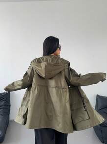 Flirla Plus Size Solid Color Zipper Front Drawstring Waist Pouch Hooded Jacket