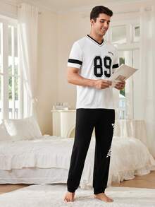 Men Contrast Color Block V-Neck Short Sleeve Letter Print Top And Long Pants Casual Pajama Set - White - View 4