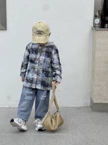 SHEIN 2pcs/Set Young Boys Casual Plaid Patchwork Hooded Cardigan Long Sleeve Top & Distressed Denim Pants Outfit,Suitable For Street Outdoor Autumn Spring - Black and White - View 7