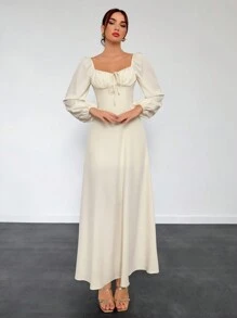 Aloruh Vestido ajustado línea A de manga farol de manga larga para mujer, nueva llegada para otoño/invierno - Amarillo - Ver 4