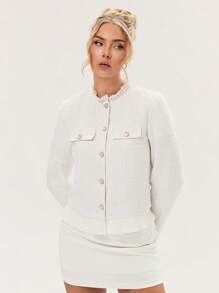 Glamine Frenchy Women Fashion Elegant Casual Tweed Crew Neck Ruffle Trim Puff Sleeve White Jacket - White - View 4