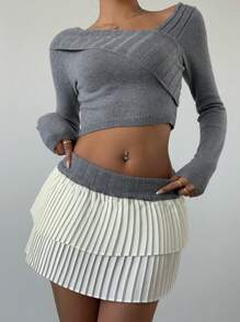 Aloruh 2pcs/Set Women Solid Color Long Sleeve Simple Sweater And Mini Skirt, Casual Outfit - Grey - View 7