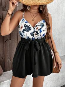 SHEIN Holidaya Bộ đồ liền thân in hình cây nhiệt đới cỡ lớn cho nữ - màu đen - Xem 3