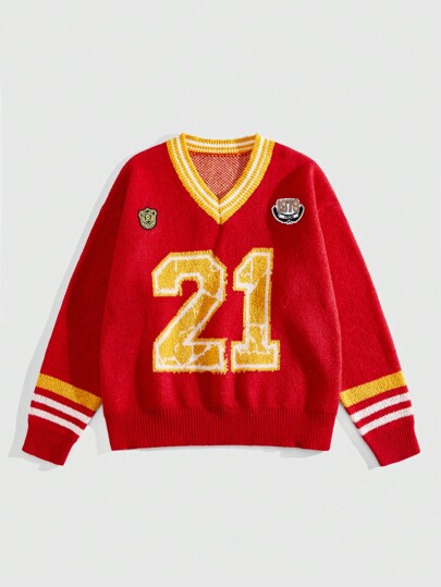 Street Life كنزة للرجال خفيفة واسعة ذات رقبة على شكل حرف V مخطط بطراز رياضي، تصميم زخرفي بأكتاف منسدلة