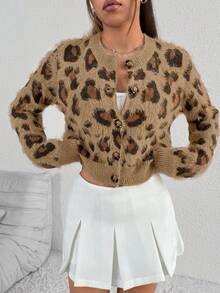 SHEIN Unity Áo khoác cardigan họa tiết da báo jacquard thường ngày cho nữ, Thu/Đông - màu nâu - Xem 4