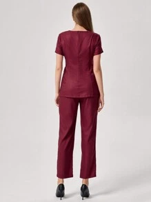 TaskEZ Burgundy Red Women Simple Badge Detail Waist Fitted Short Sleeve Top And Pants Work Uniform - Burgundy - View 2