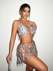 Zolique Bộ trang phục hai mảnh gồm áo crop top không tay và chân váy mini mắt xích kim cương cho nữ, gợi cảm và thời trang - trắng - Xem 3