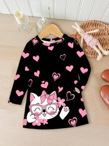 SHEIN LMoss Kids Cute Heart, Floral & Kitten Pattern, Casual Loose Fit Long Sleeve Dress For Baby Girls, Autumn - Multicolor - View 1