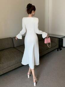 DAZY Abito elegante da donna a maniche a campana di colore unito, adatto per l'autunno e per occasioni come feste di compleanno e balli, con volant, vestito lungo a maniche lunghe per donne - Beige - Visualizzare 5