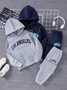 SHEIN Bộ 4 áo hoodie và quần nỉ in chữ American Casual cho bé trai, phù hợp mặc hàng ngày và đi học, trang phục - Nhiều màu - Xem 3