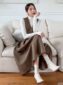 DAZY 2pcs Solid Color PU Vest & Skirt Set For Women,Fall Clothes - Coffee Brown - View 5