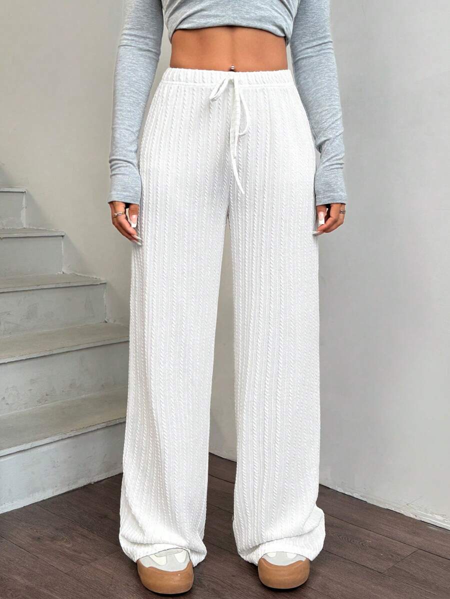 Muchica 女士纯色前系带简约阔腿裤，休闲日常穿着 - 白色 - 查看 1