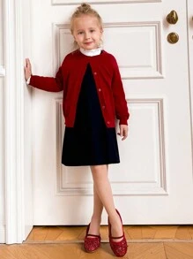 PrepCrw 年轻女孩法式优雅红色单排扣长袖圆领开衫毛衣秋冬季 - 紅色 - 查看 3