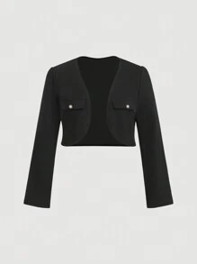 SHEIN MOD Plus Size 2pcs Set: Solid Color Long Sleeve Blazer Jacket & Contrasting Bow Sleeveless Dress, Elegant Suit Look In Fall/Winter - Black - View 4