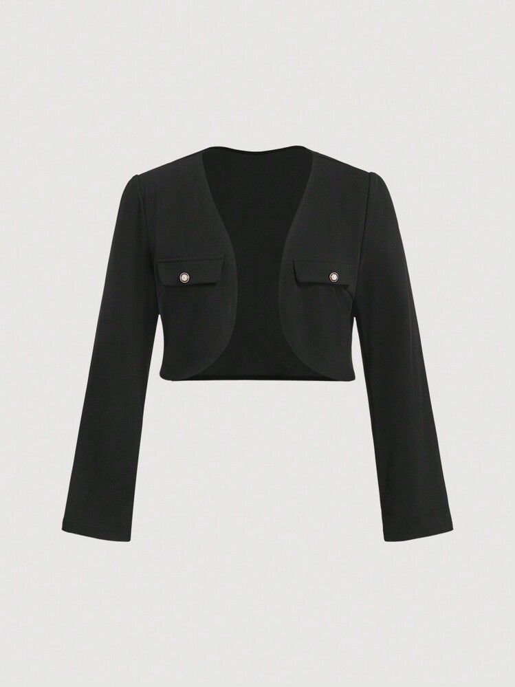 SHEIN MOD Plus Size 2pcs Set: Solid Color Long Sleeve Blazer Jacket & Contrasting Bow Sleeveless Dress, Elegant Suit Look In Fall/Winter - Black - View 4