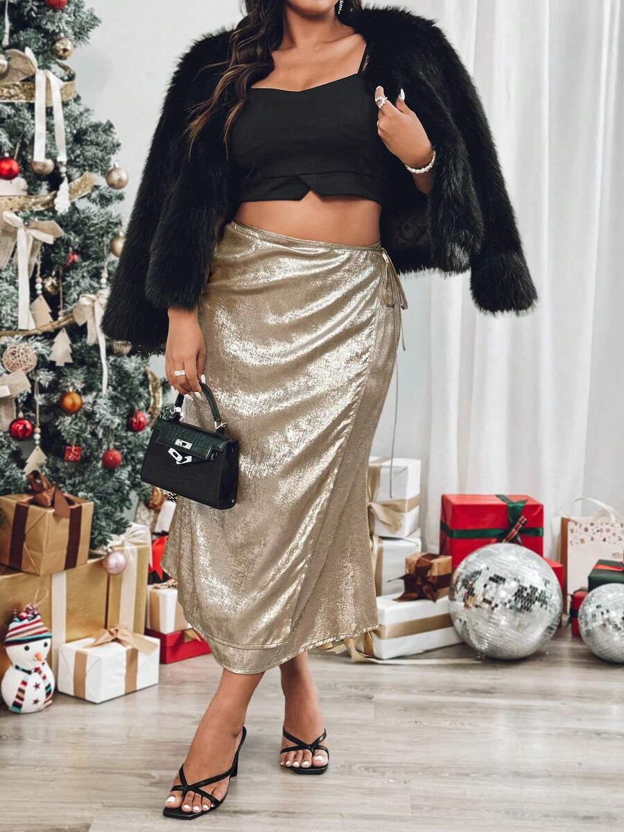 SHEIN Privé Plus Size Women Metal Shiny Solid High Waist Long Skirt