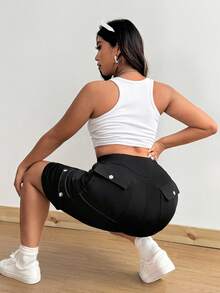 Flirla 大码修身跑步高腰紧身裤，运动休闲裤 - 黑色 - 查看 3