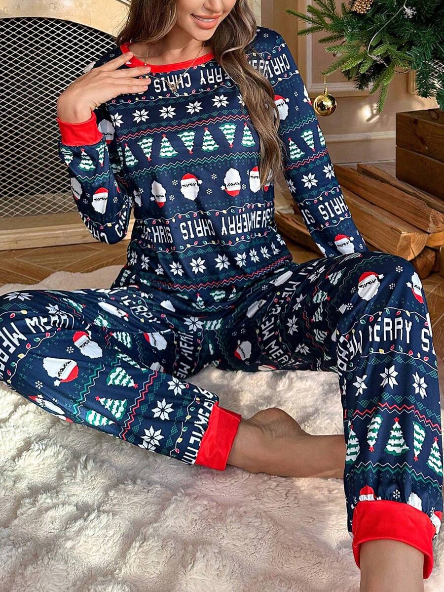 Bộ đồ ngủ dài tay in chữ Giáng sinh hoạt hình, Quần áo nữ - Xanh đậm - Xem 1
