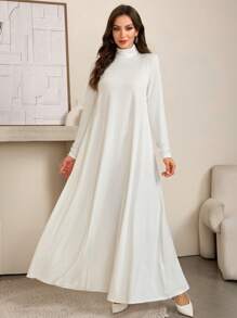 Al Najma 女士保守黑白高领针织长袖汗衫和阿巴亚连衣裙套装、朴素休闲 T 恤阿拉伯连衣裙、阿巴亚内衣、基本款长裙