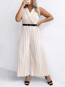 SHEIN Clasi Jumpsuit Kasual Tanpa Lengan Warna Polos Ukuran Besar - Aprikot - View 5