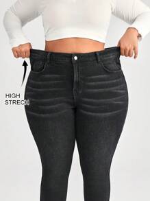 SHEIN CURVE+ 黑色加大码牛仔裤 紧身弹力长裤 经典百搭