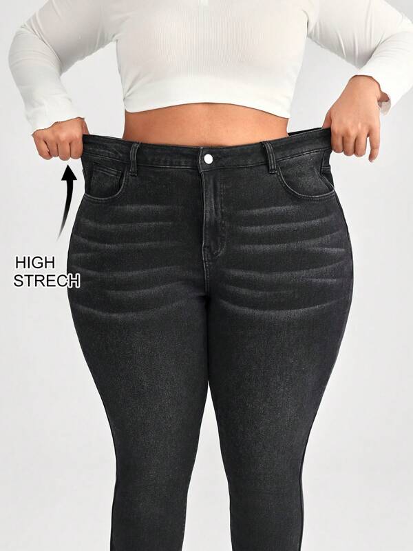 SHEIN CURVE+ Black Plus Size Jeans Skinny Stretch Trousers Classic And Versatile