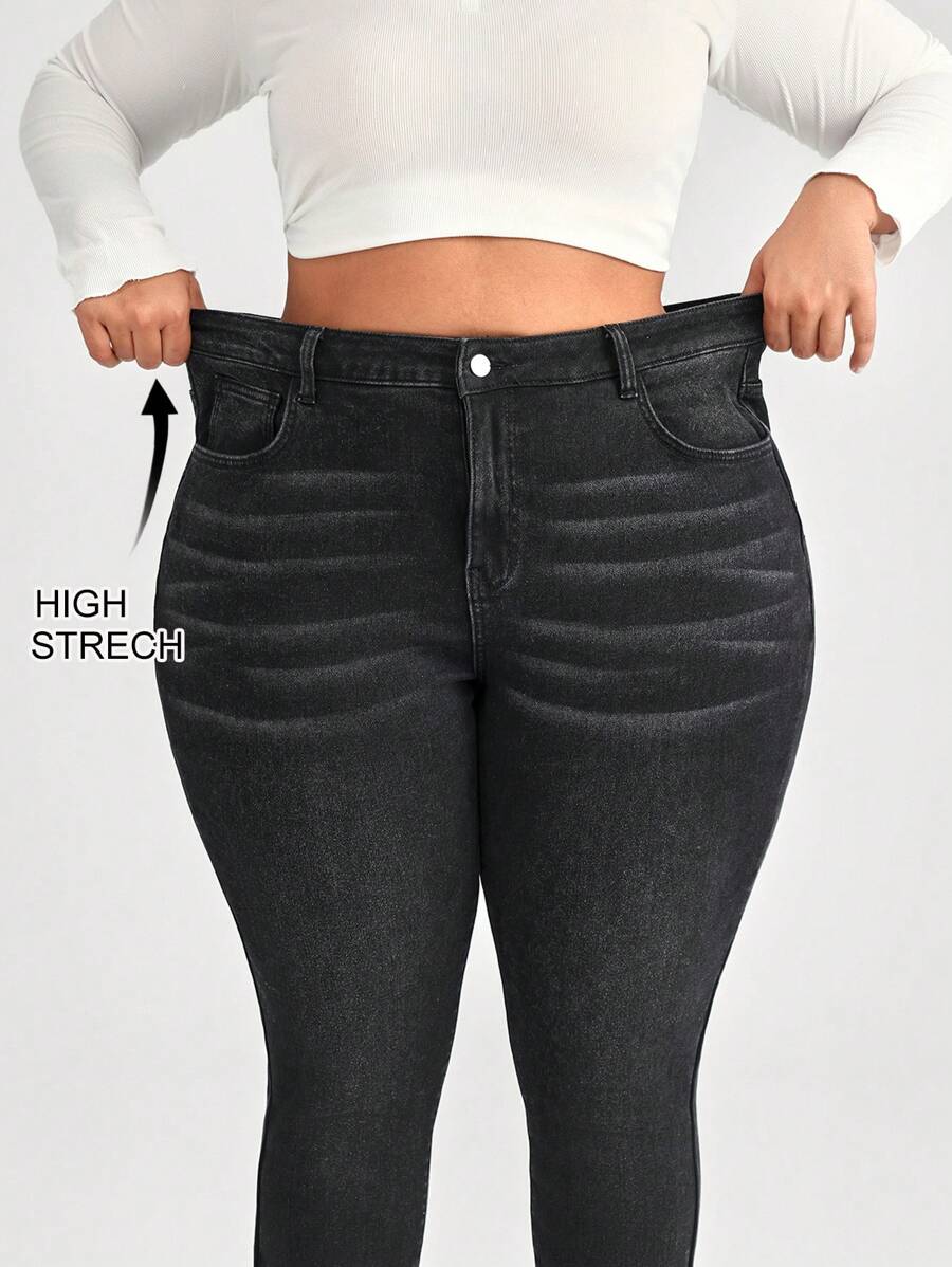 SHEIN CURVE+ 黑色加大码牛仔裤 紧身弹力长裤 经典百搭